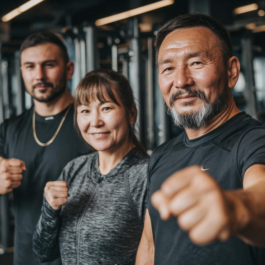30 yoshdagi uzbek ayol fitness mashqlari qilayotgan, tabassum bilan, zamonaviy sport zalda, salomatlik va xotirjamlik namoyish etayotgan